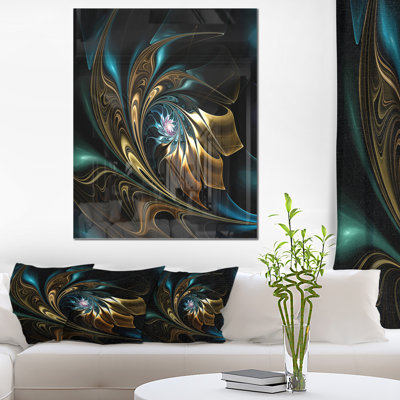 Fleur noire dorée moderne - art mural fleur fractale, impression avec fleur noire
