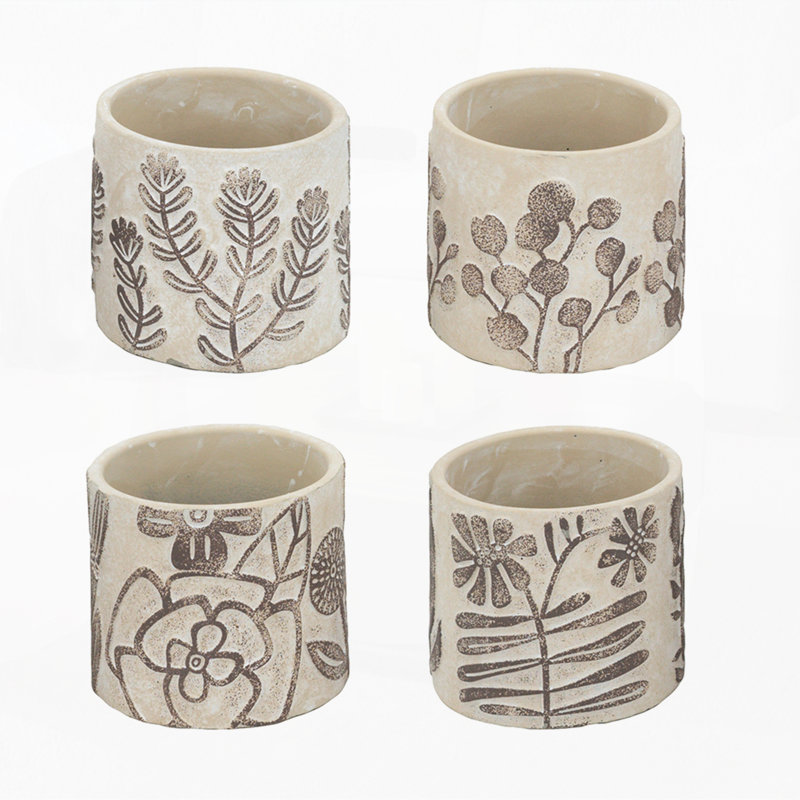 Jardinières en ciment sable avec motif botanique pour décoration de table, ensemble de 4