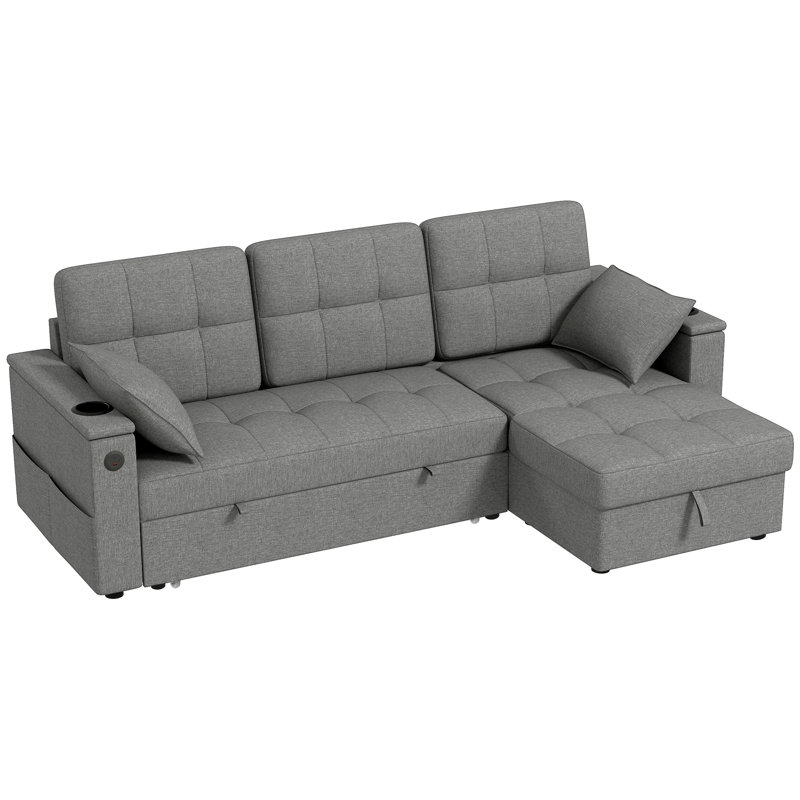 Sofa Bed, Pull Out Sleeper Couch with USB‑A+C, Chaise Storage