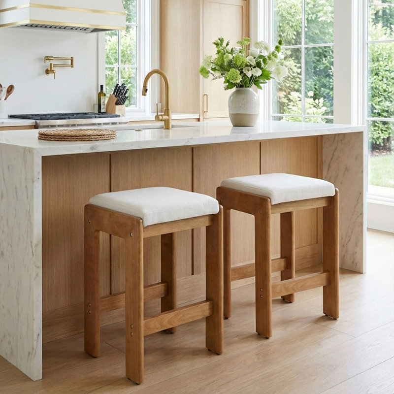Tabouret de comptoir rembourré H 27 po avec structure en bois massif, Beige, Brun