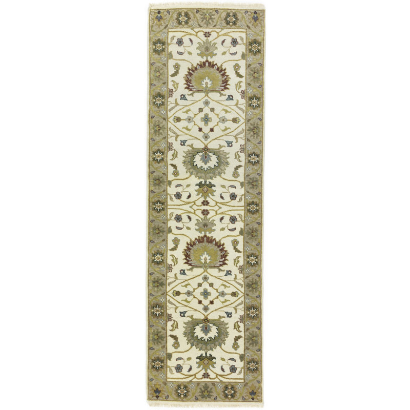 Tapis de couloir crème en laine noué à la main 2 pi 5 po x 8 pi Floral