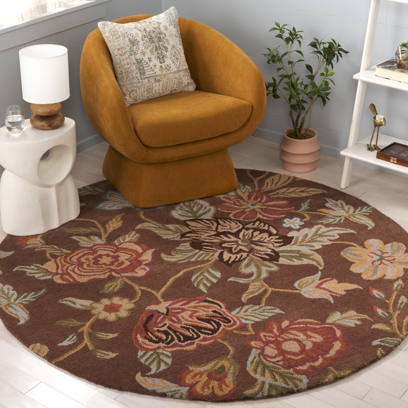 Tapis en laine, coton et latex brun à motif floral crocheté à la main Emrick, Rond 6 pi