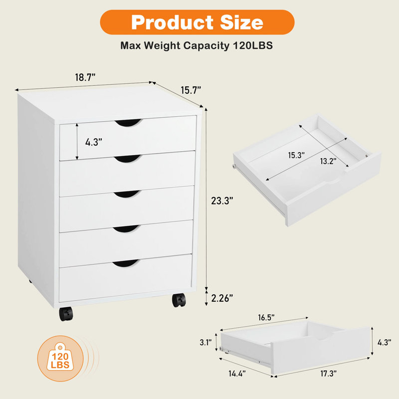 18'' Wide 5 -Drawer Mobile File Cabinet, White