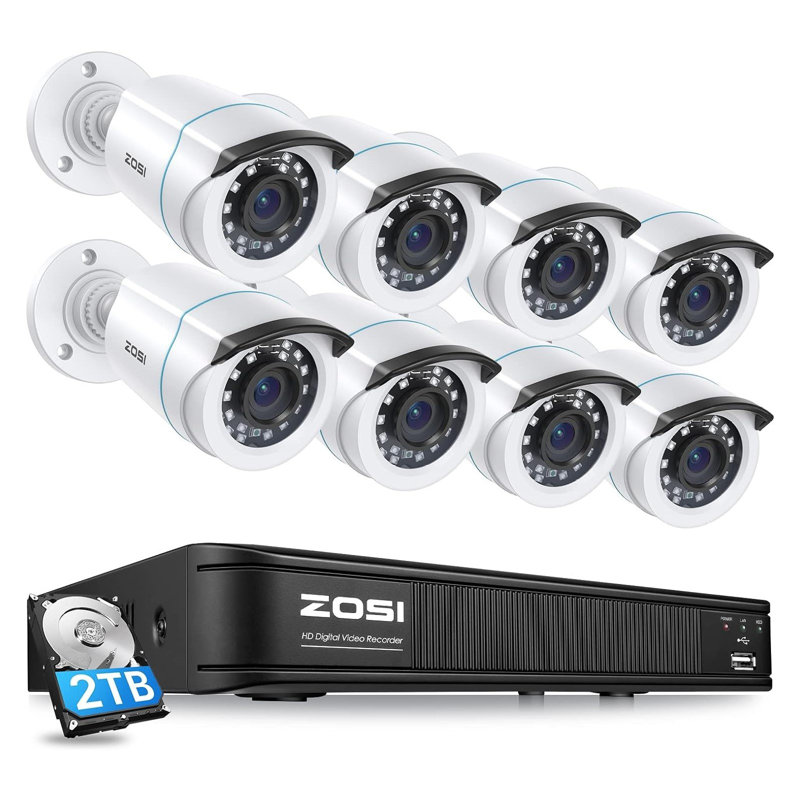 8CH DVR Security Cameras System with 2TB HDD, 8 Outdoor Security Cameras, Motion Detection, White