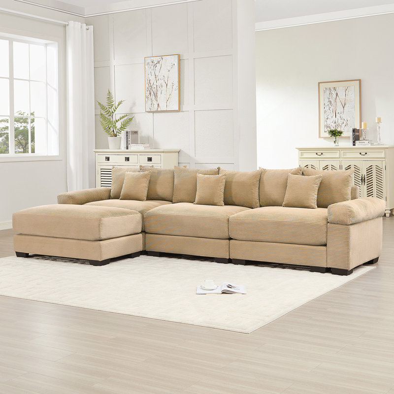 130" Oversized Cloud Modular L-Shape Sectional Couch, Soft Corduroy Fabric,With Chaise Deep Seat Wide Armrest Ergonomic Design 9 Pillows Easy Assembly,For Living Rooms Bedroom,Camel