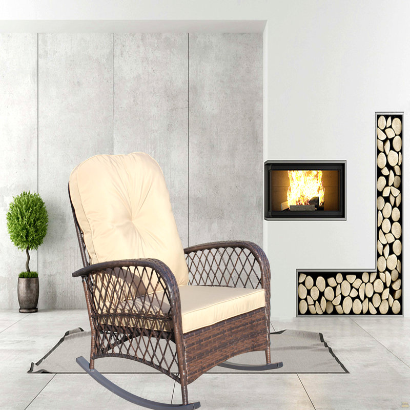 Chaise berçante d'extérieur en osier avec assise large, coussin épais et moelleux, chaise berçante en rotin avec structure en acier