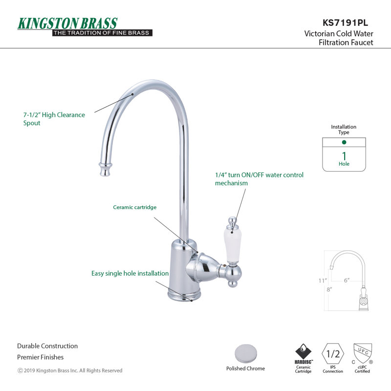 Robinet de filtration d'eau monocommande 1 trou à fixation sur le comptoir Kingston Brass, Chrome poli