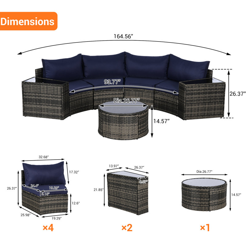 Ensemble de canapé modulaire d'extérieur demi-lune 7 pièces avec table basse ronde en verre trempé, Bleu très foncé