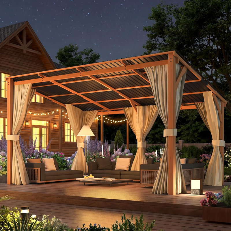 Pavillon de jardin extérieur en bois avec rideaux et filet pour terrasse, 96.5" H x 165.7" W x 110" D