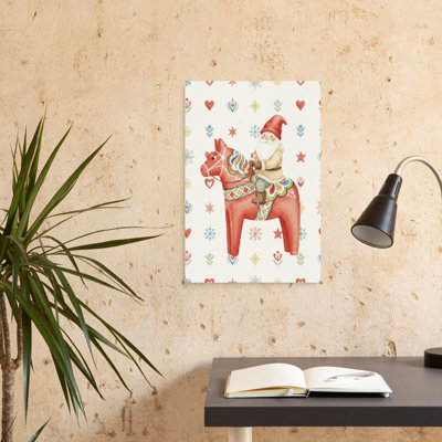 «Santa on Dala Horse», fantaisiste, cheval abstrait, paysage d'hiver, reproduction d'art mural