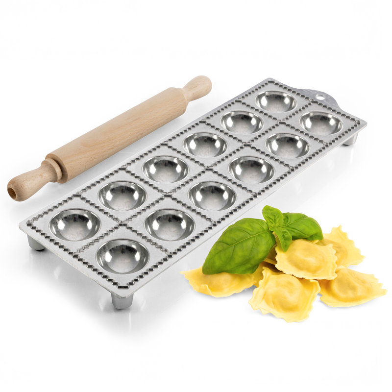 Ravioli Mold Pasta Cutter - Ravioli Cutter Makes 12 Round 2” Raviolis - Easy to Use Ravioli Maker with Wood Pasta Roller and Non-Slip Rubber Feet - Made in Italy Pasta Tools 