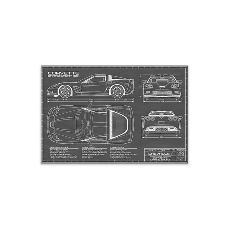 Corvette (C6) Grand Sport, impression noire sur verre acrylique, Noir / blanc, H 16 po x l 24 po x P 0,25 po