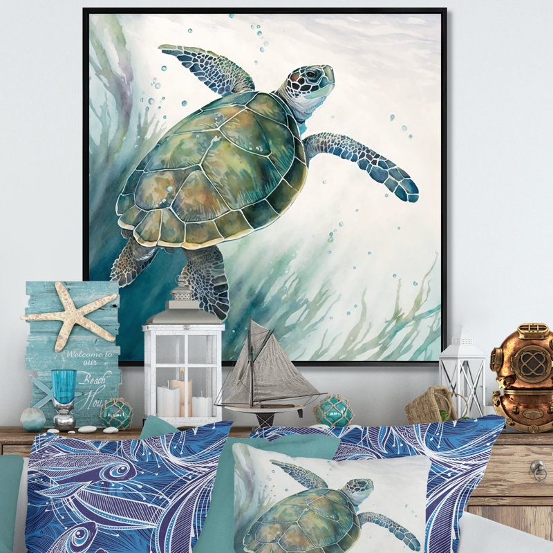 Tortue aquarelle nageant I - reproduction sur toile, H 30 po x l 30 po x P 1 po, Toile avec cadre flottant noir