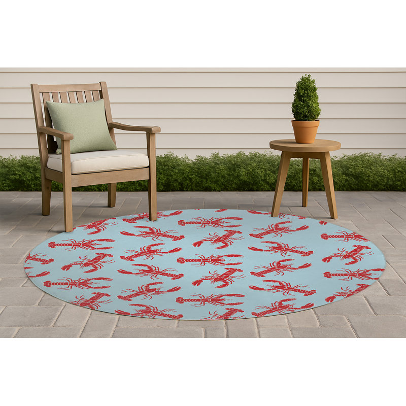 Lobster Decorative Outdoor Rug, Blue, Round 5'