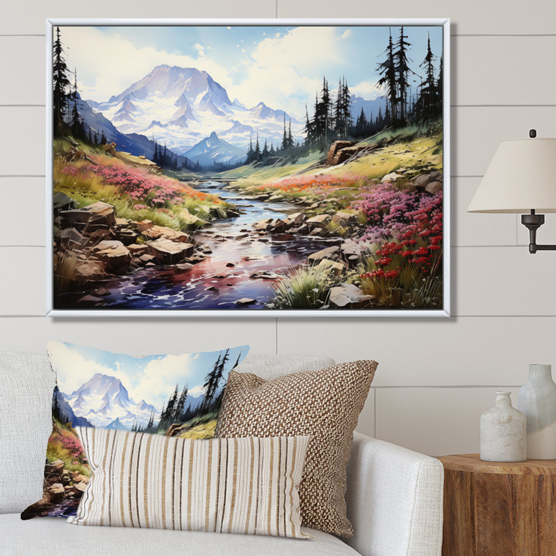 " Mountains Mountains In Bloom ", H 16 po x l 32 po x P 1 po, Cadre flottant blanc