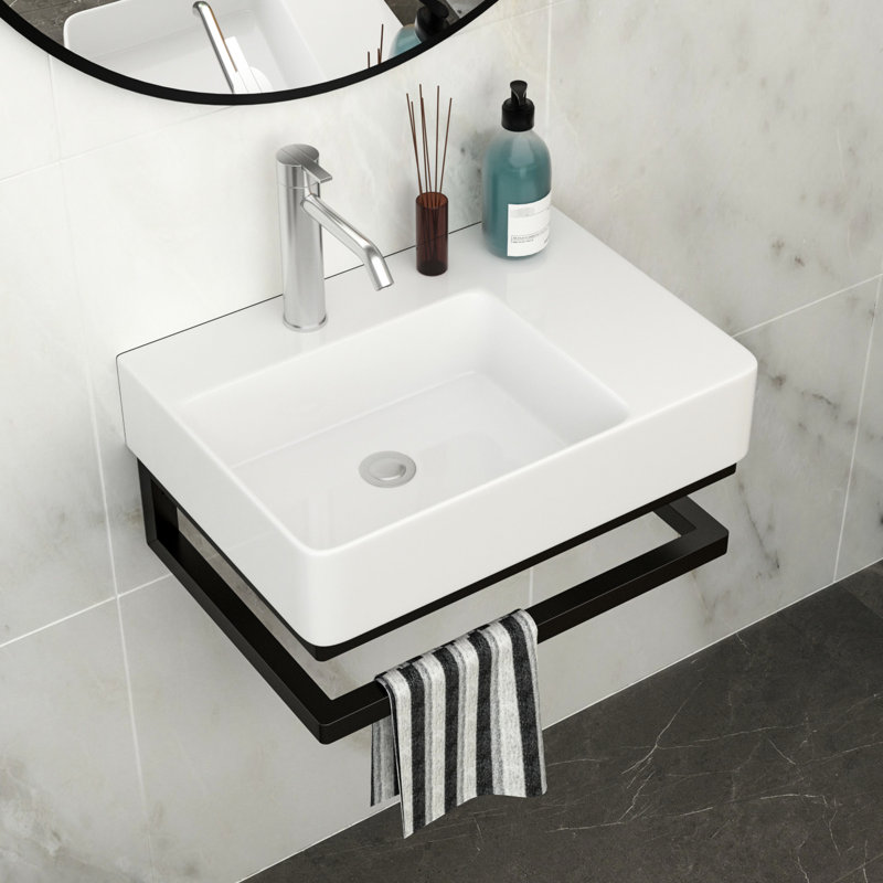 Lavabo de salle de bain en céramique 22,79 "x 16,5" Washam avec barre à serviettes noire et trou de robinet, barre de fixation murale en matériau de haute qualité, nettoyage facile