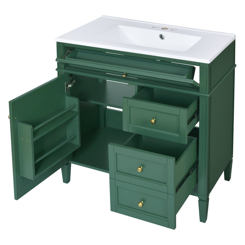 Meuble-lavabo de 30 po avec lavabo en céramique de style moderne, 3 tiroirs, organisateur de porte d'armoire, glissières de tiroir en métal lisse et pieds romains exquis pour le tiroir à 2 pointes décoratives, poignée texturée et solide