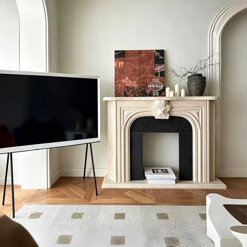 Modern Bbeige Solid Wood Freestanding Fireplace