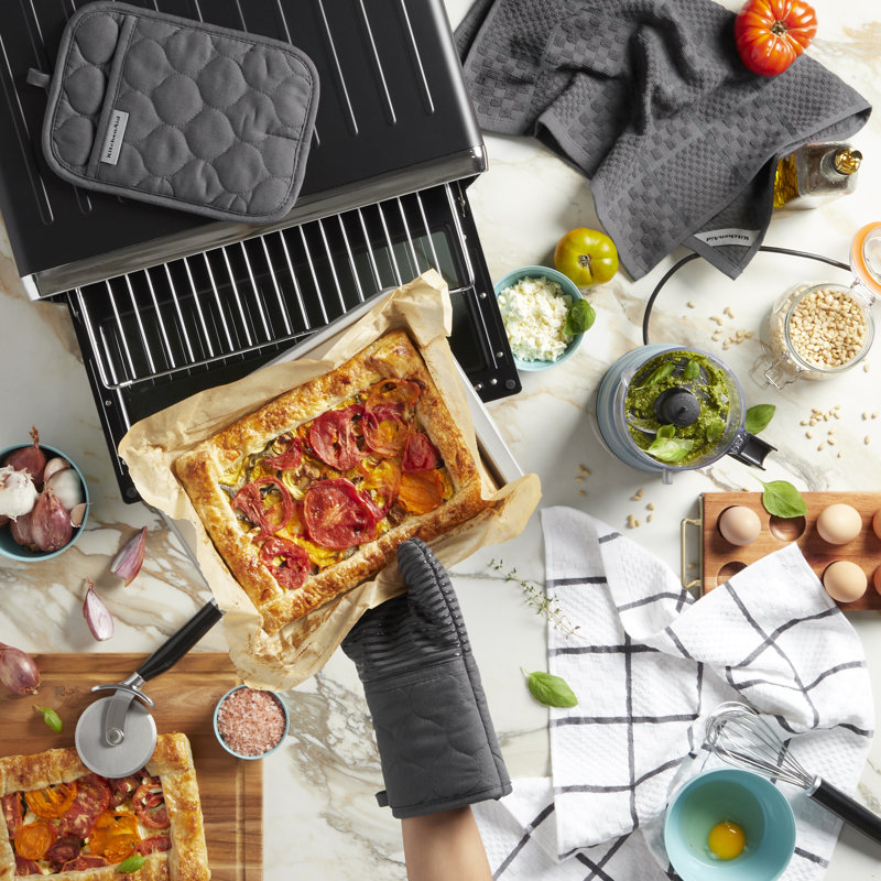 KitchenAid Quilted Kitchen Towel, Oven Mitt & Potholder Set 4-Pack, Charcoal Gray