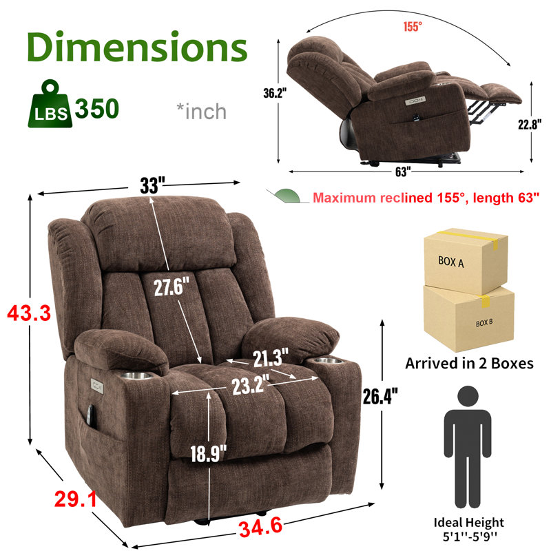 Karelin 34.6"W Chenille Lift Chair Power Recliner, Massage, Heater, USB Ports, Brown