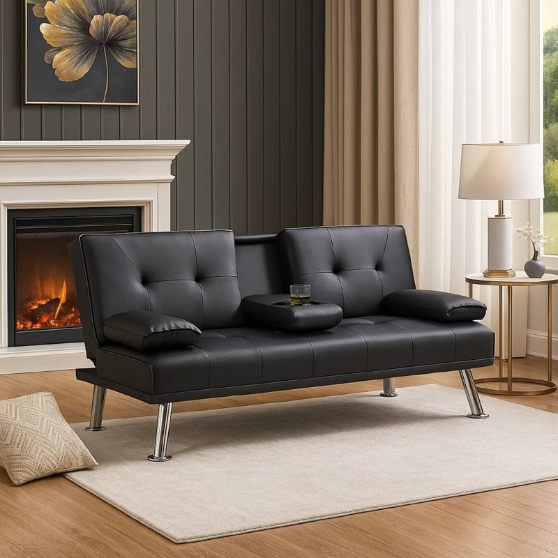 Gary Convertible Sofa With Fold-Down Table, Metal, Black Faux Leather, Black