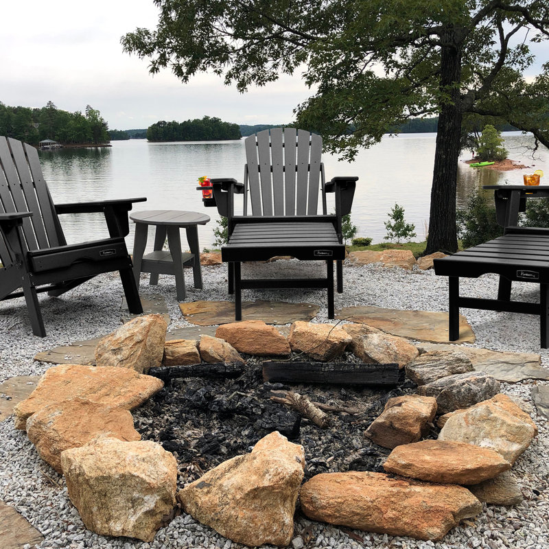 Behiye Plastic Folding and Adjustable Adirondack Chair with Ottoman, Black