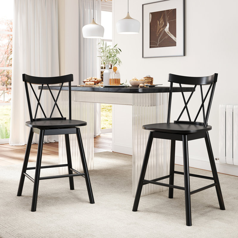  Windsor Bar Stool Set of 2 29'' Swivel Rubber Wood Dining Chairs Spacious Seat Black, Counter Stool (24” Seat Height)