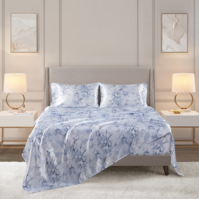 Printed Satin Wrinkle Resistant Luxury Sheet Set, Queen Sheet Set + 2 Standard Pillowcases, Blue Marble
