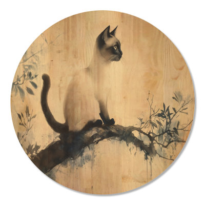 Décoration murale chat siamois encre - beige minimaliste rond en bois