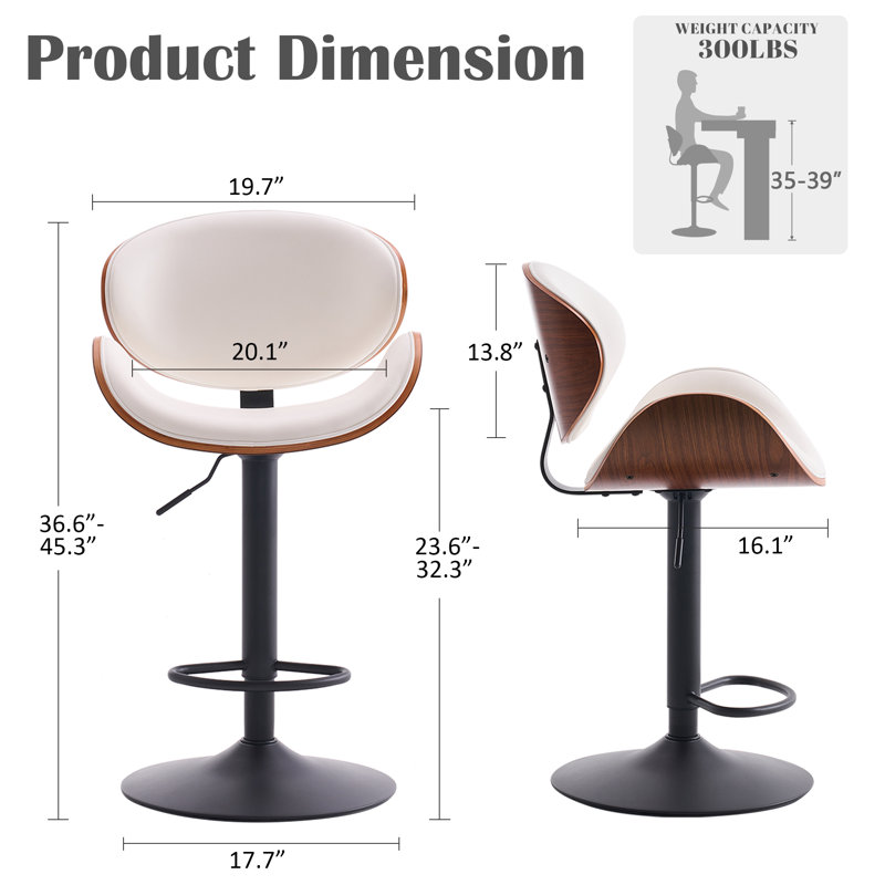 Swivel Adjustable Height Bar Stools Pu Leather Counter Stools With Bentwood Back For Bar, Kitchen And Dining Room, White, 6
