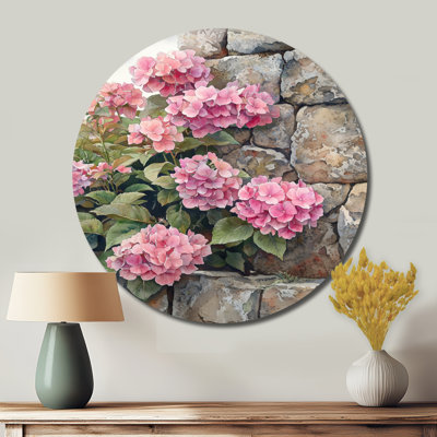 Hydrangeas In A Stone Garden - Hydrangea Round Metal Wall Art, Traditional Pink Metal Art Print