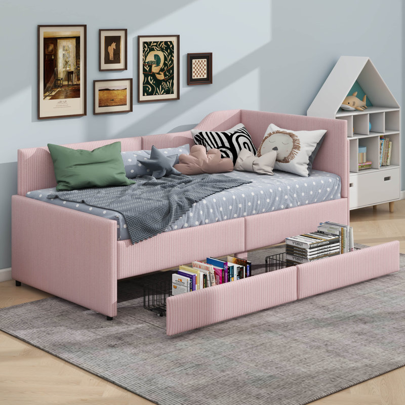 Lit de jour confortable en forme de L en velours côtelé avec structure rembourrée et deux tiroirs de rangement, Rose