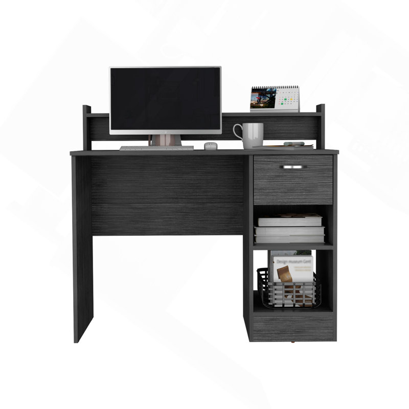 Bureau d'ordinateur avec tablette supérieure ouverte, 1 tiroir et 2 tablettes de rangement, chêne fumé