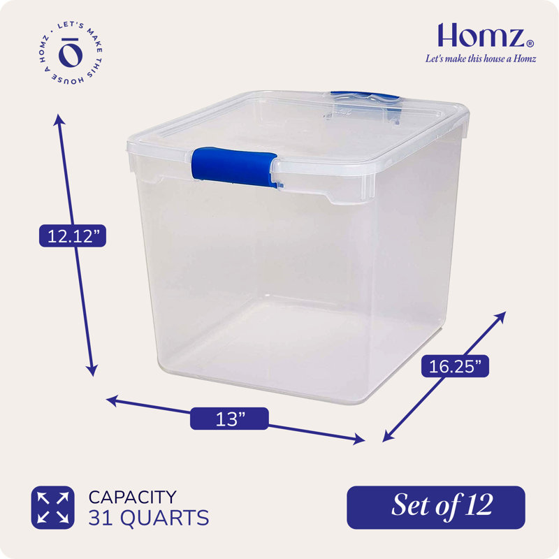 Homz Storage Organizing Container Bin with Latching Lids, 31 qt., 12, Blue/Clear