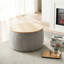 Rangement rond - 2 po 1. Fonctionne comme table de bout et. Revêtement en lin gris foncé. Fait à la main. 25,5 po x 25,5 po x 14,5 po. Capacité de poids de 250 lb, 1 fonction, et gris. Fabriqué à la main avec 250 lb. Aucun assemblage requis-739086761