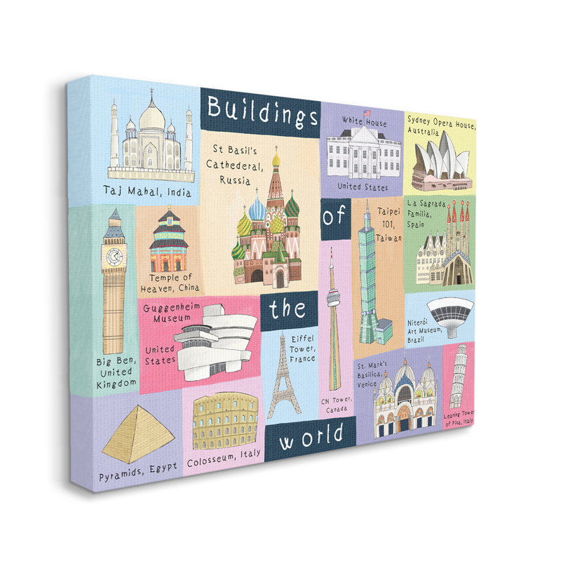 «Building of the World», charte pour enfants, repères architecturaux - impression, H 16 po x l 20 po x 1,5 po, Toile tendue