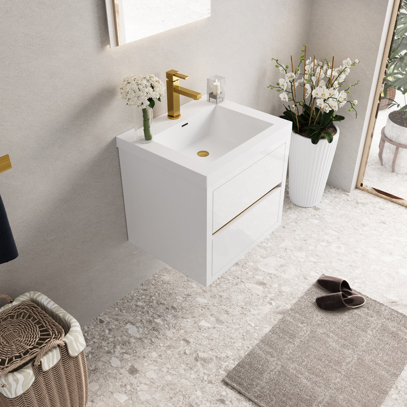 Meuble-lavabo 24 po avec lavabo, fixation murale blanc brillant. Pré-assemblé pour une installation simple et rapide. Espace de rangement spacieux en forme de U. Tiroirs à fermeture en douceur. Fonctionnement silencieux. Comptoir en résine de pierre.