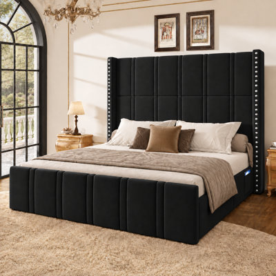 66" Tall Velvet Wingback Platform Bed with Side Storage Pockets, No Box Spring Required