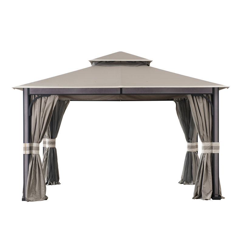 Light Gray 11 x 13 ft. Steel Frame 2-Tier Gazebo with Netting and Curtains