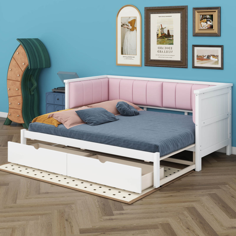 Lit de jour avec 2 tiroirs de rangement, lit gigogne et dossier rembourré, canapé-lit en bois pour chambre à coucher, chambre d'amis