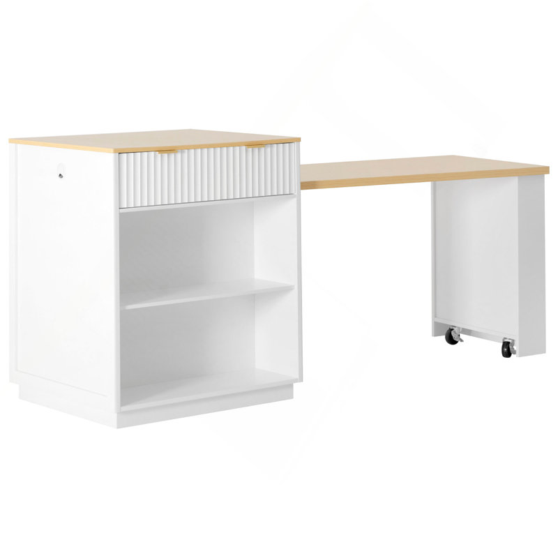 82.6" Fluted Kitchen Island with Extendable Dining Table for 4-6, Island Table for Kitchen with Power Outlet, Kitchen Table with Double-Side Storage, 2 Drawers 2 Side Open Shelves