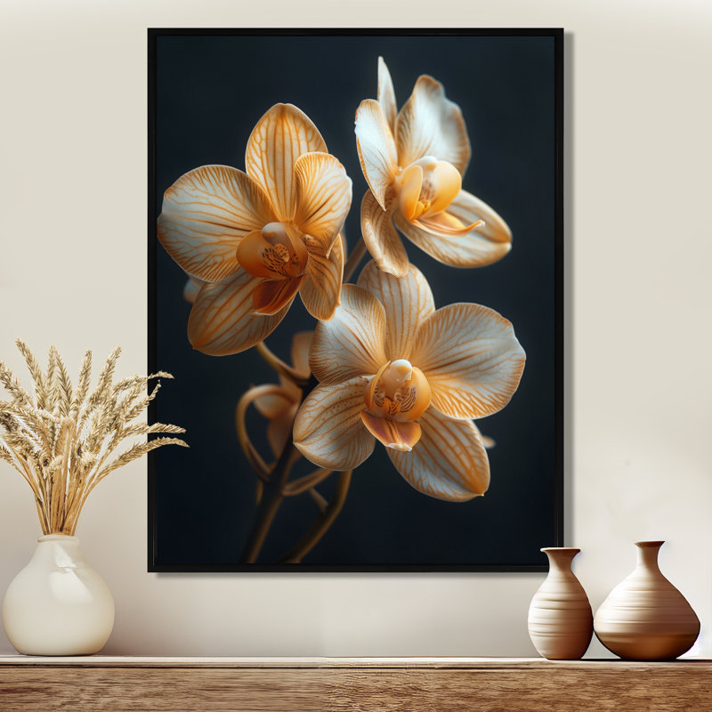 Orchidées noires parfumées Fusion Photo IV - orchidées murales, Cadre flottant noir, H 12 po x l 20 po