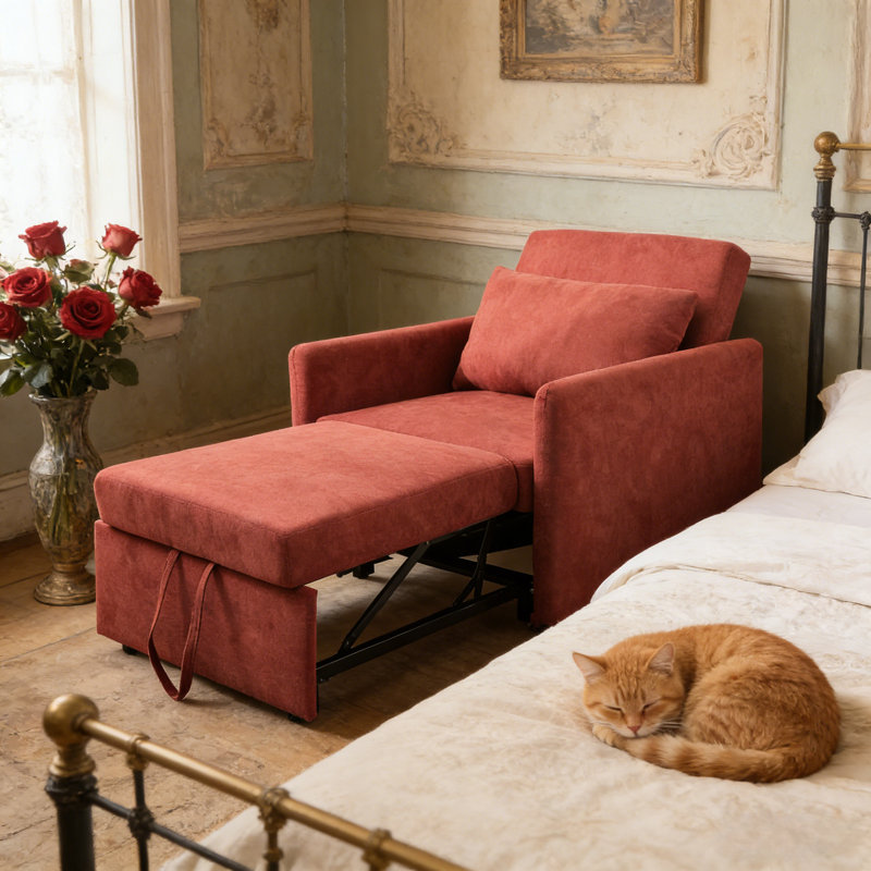 3-in-1 Convertible Chair Bed with Storage, Modern Accent Sleeper Chair with Pull-Out Bed & Lumbar Pillow, Red, Red