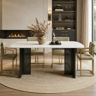 Modern Rectangular Tempered Glass Dining Table, Marble-Patterned Design with Gold Dual-Pedestal Metal Base, Ideal for Dining Room & Home Office