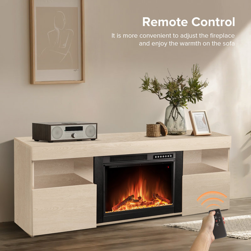 TV Stand for TVs up to 60" with Electric Fireplace with Remote Control,Adjustable Real 3d Flame Brightness, Light Oak