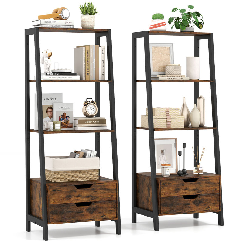 2PCS Bookshelf w/ 2 Storage Drawers Sturdy Metal Frame Anti-toppling Devices, Brown/Black