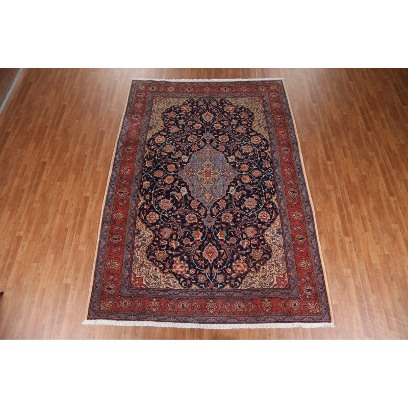 Tapis bleu marine en laine noué à la main de conception unique de style années 70 7 pi 8 po x 10 pi 10 po Sieppie