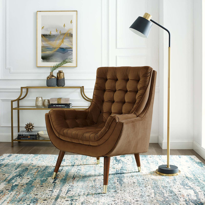 Suggest Button Tufted Upholstered Velvet Lounge Chair, Brown