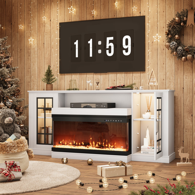 70" TV Stand for TVs up to 80" with Fireplace Included, White