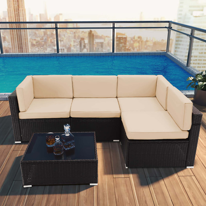Ensemble de conversation modulaire en rotin 5 pièces avec coussins, Beige